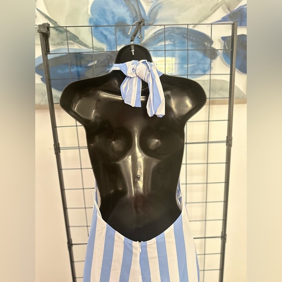 Light Blue Open Back Halter Tie Neck Zipper Closure Striped Detail Maxi Dress - Picture 15 of 17